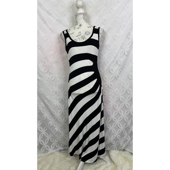 Calvin Klein Black White Gathered Stripe Sleeveless Jersey Maxi Dress Size 4 - Picture 1 of 7